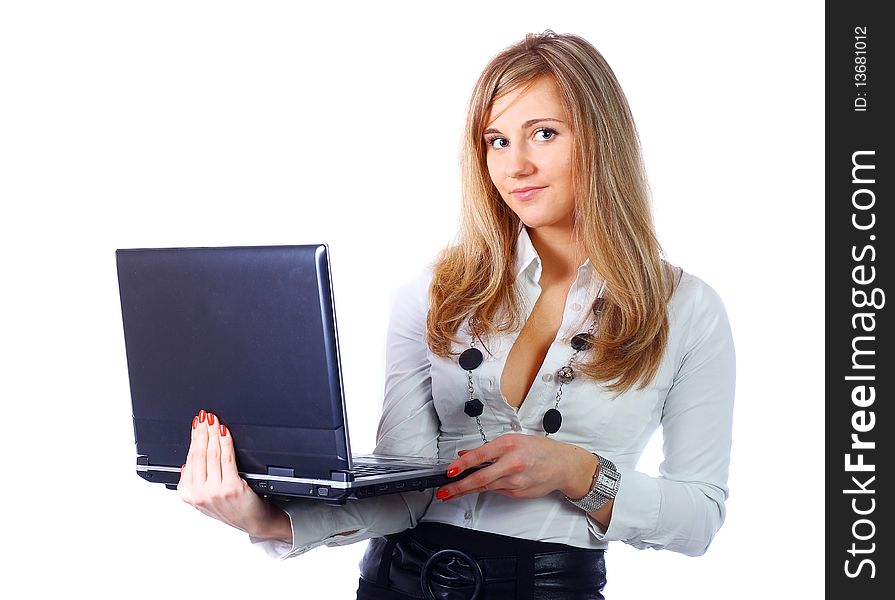 Business woman with laptop isolated on a white background
