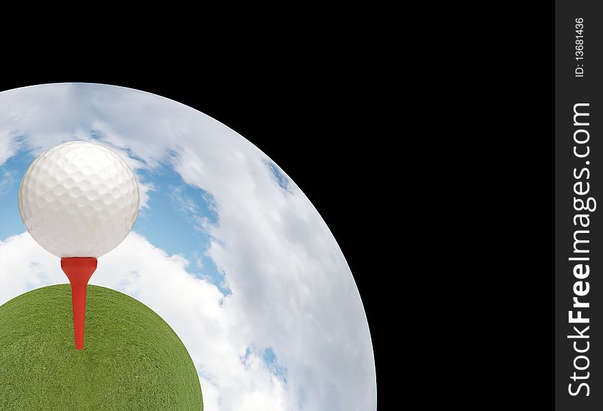 Distorted golf ball on grass with blue cloudy sky. Distorted golf ball on grass with blue cloudy sky