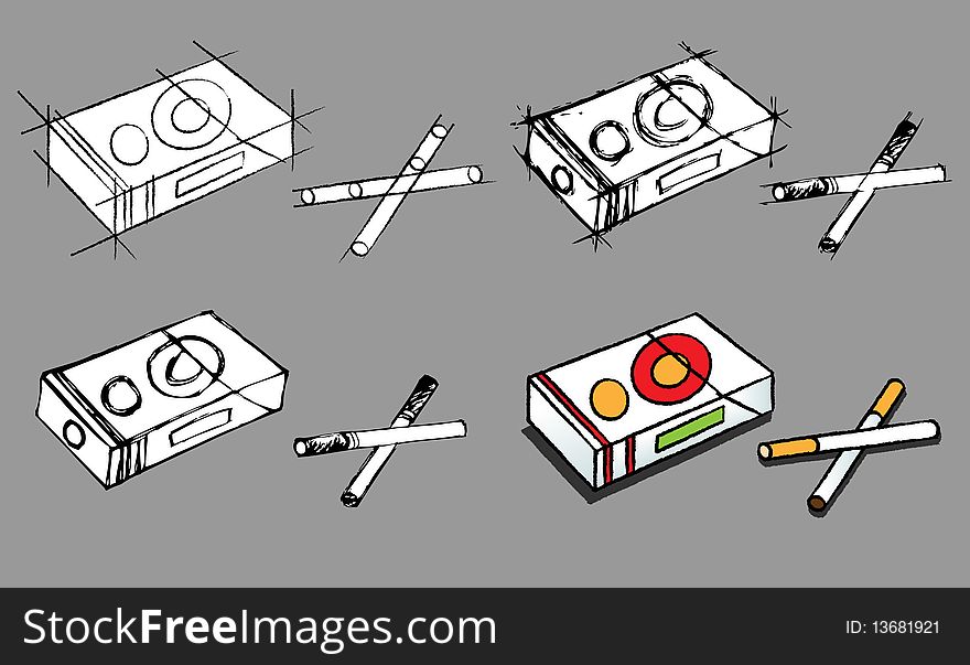 Vector illustration of cigarette boxes and cigarettes