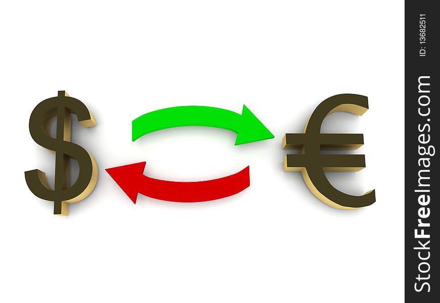 Currency exchange. Dollar and euro isolated on white background. High quality 3d render. Currency exchange. Dollar and euro isolated on white background. High quality 3d render.