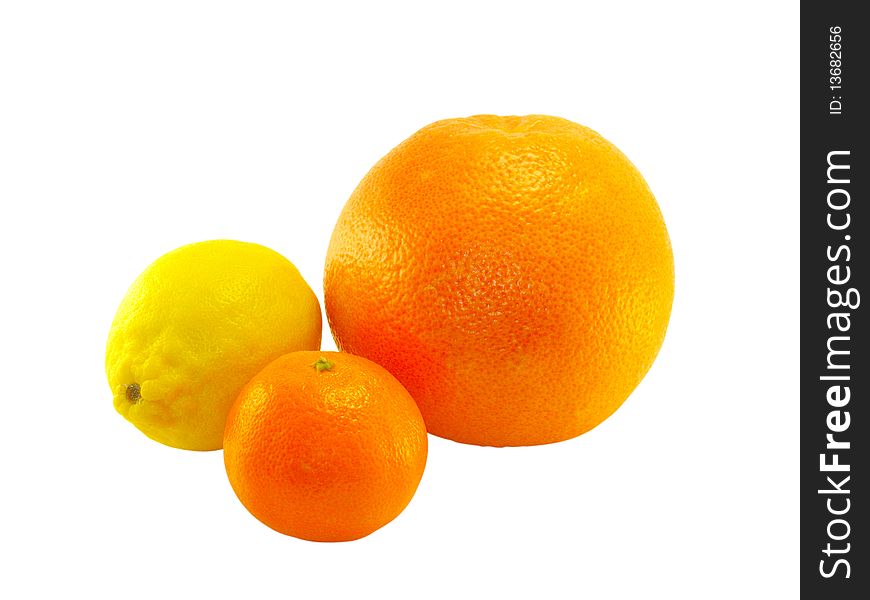 Grapefruit, tangerine, lemon close up on a white background;