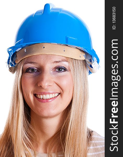 Woman worker in blue helmet