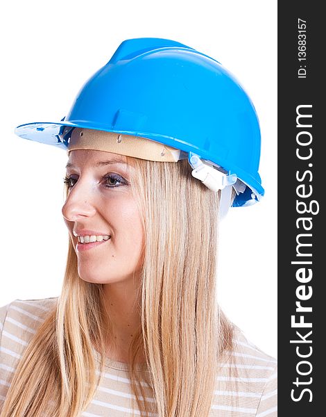 Woman worker in blue helmet