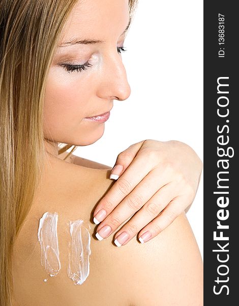 Caucasian blonde woman woman creaming back