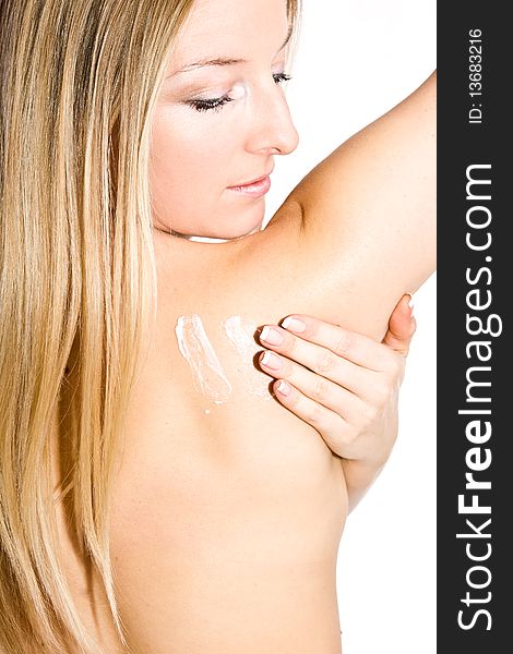 Caucasian blonde woman woman creaming back