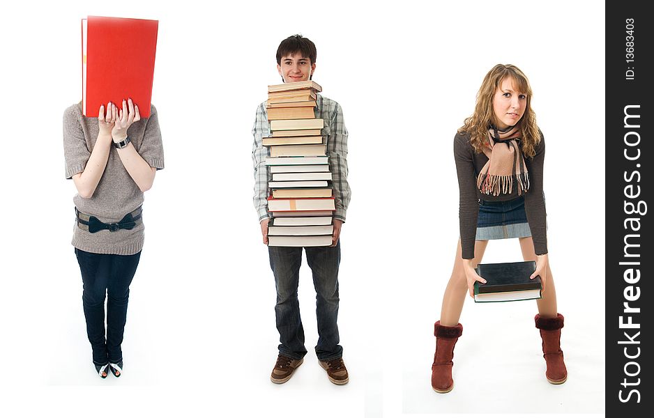 The three young students isolated on a white