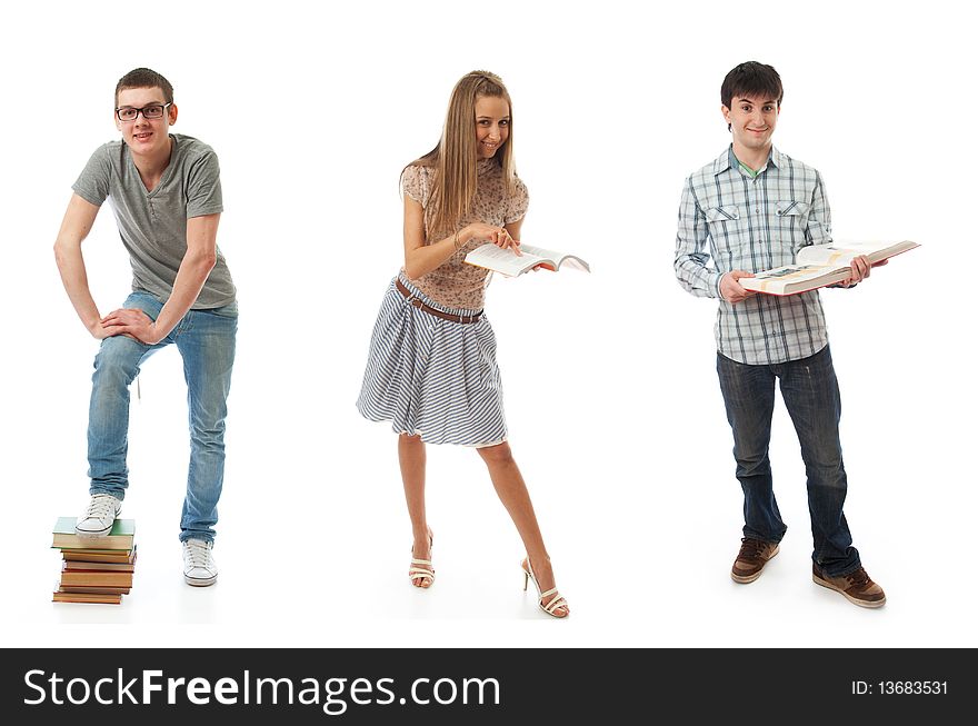 The three young students isolated on a white