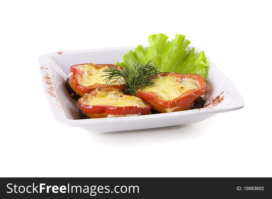 Peppers stuffed with cheese in white bowl. Peppers stuffed with cheese in white bowl