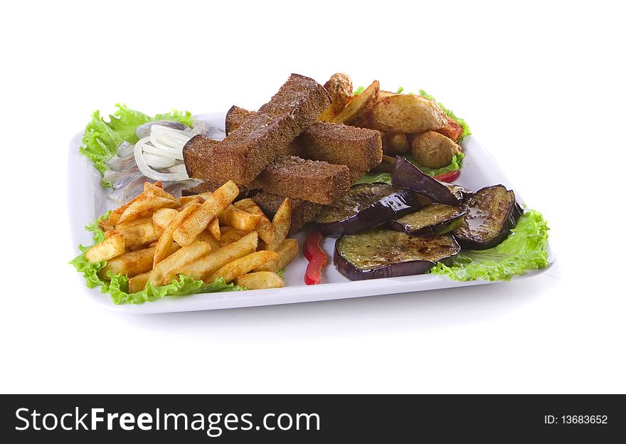 Appetizer: Fries, fish, bread and eggplant. Appetizer: Fries, fish, bread and eggplant