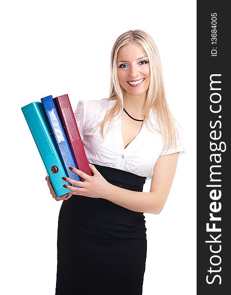 Caucasian blonde business woman in formal dress holding files