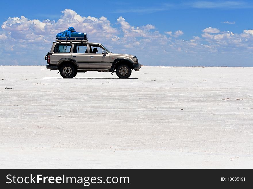 Jeep on Salt Flats of Uyuni, Bolivia