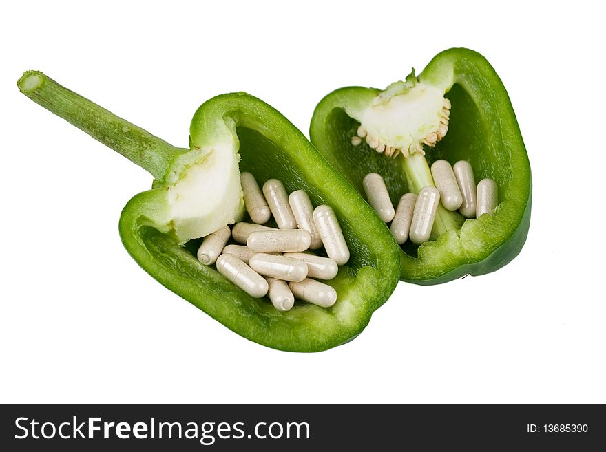 A Green Pepper stuffed with multi vitamins. A Green Pepper stuffed with multi vitamins.