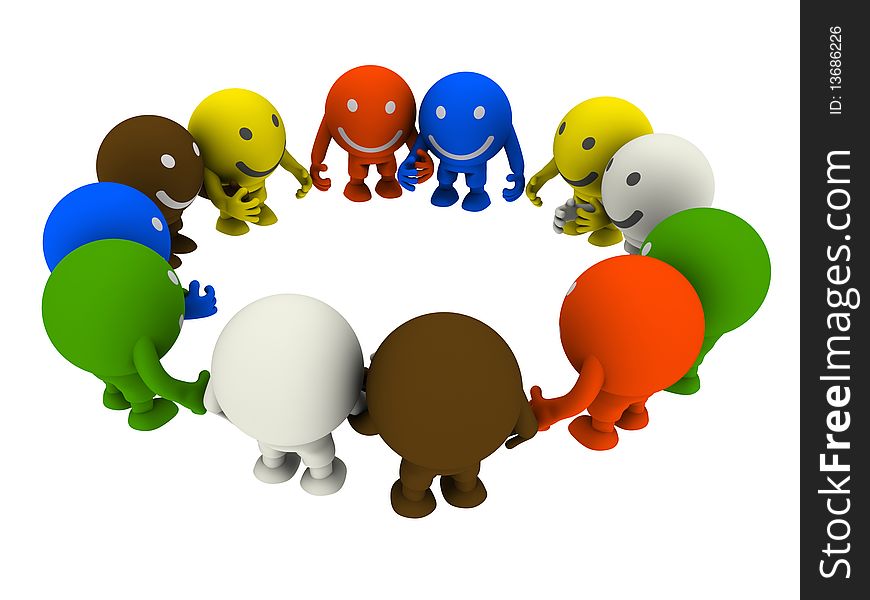 Group of smileys, holding hands, standing in a circle