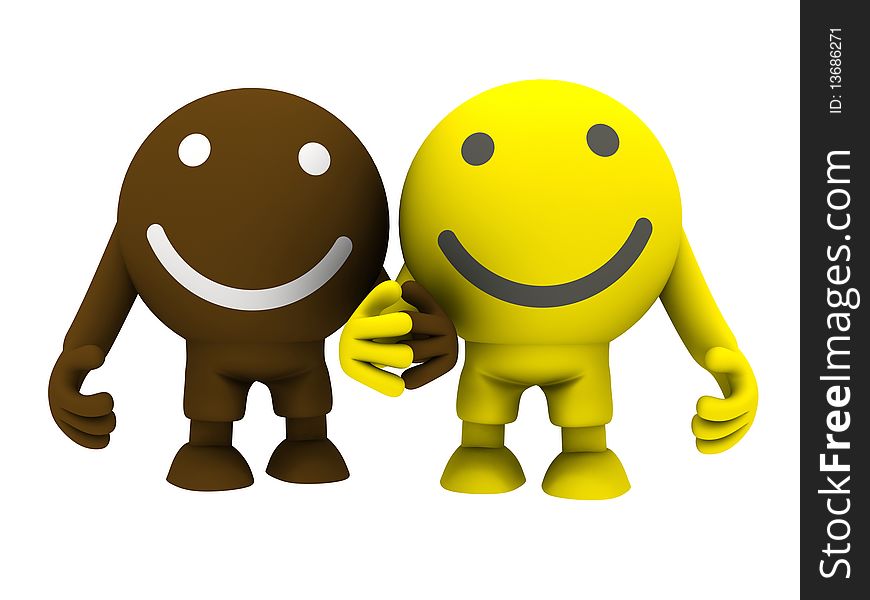 Two smileys holding hands. Isolated on white. Concept render