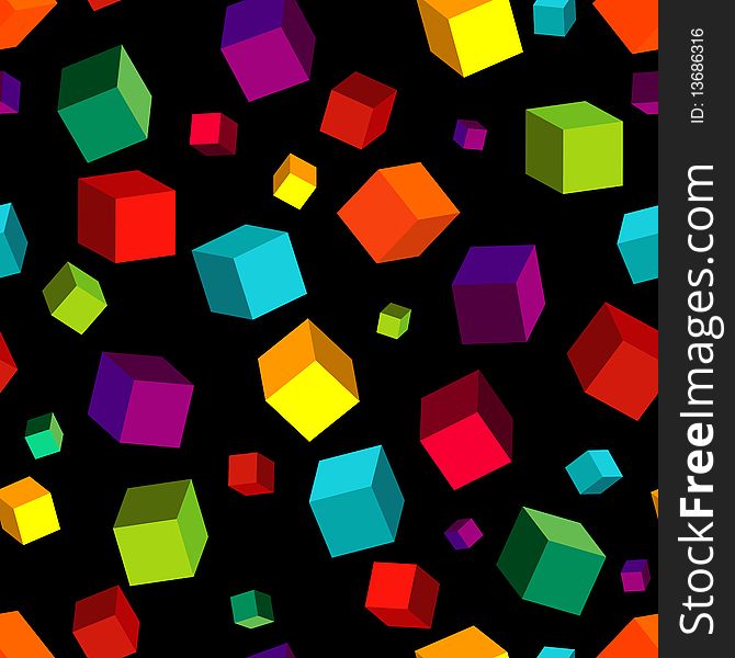 Seamless black pattern with colorful volume cubes