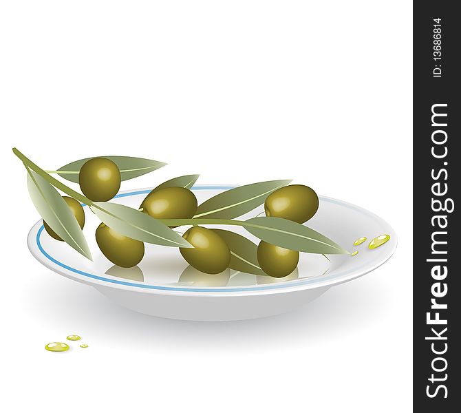 Illustration, branch of the olive on saucer on white background. Illustration, branch of the olive on saucer on white background