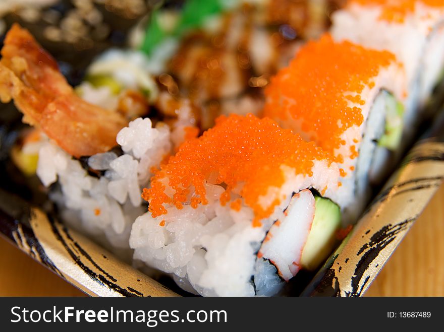 Close up of Sushi Rolls at Japanese Restaurant