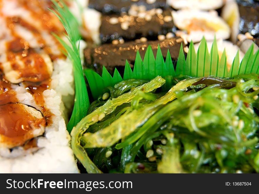 Close up of Sushi Rolls at Japanese Restaurant