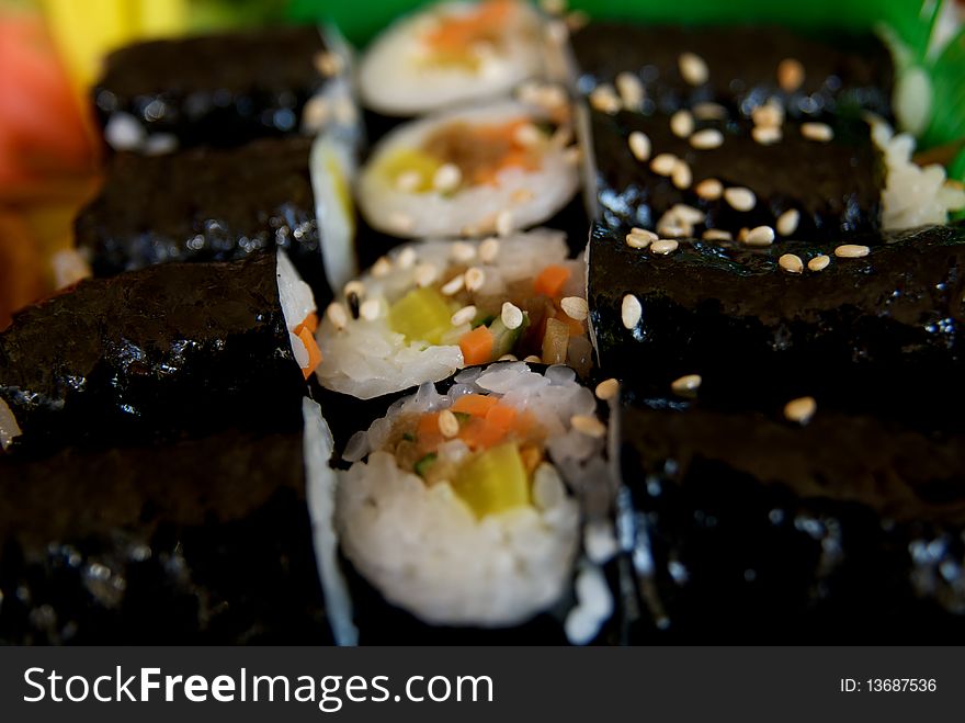 Close up of Sushi Rolls at Japanese Restaurant