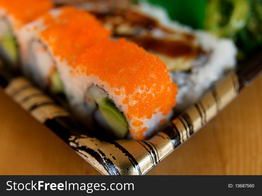 Close up of Sushi Rolls at Japanese Restaurant