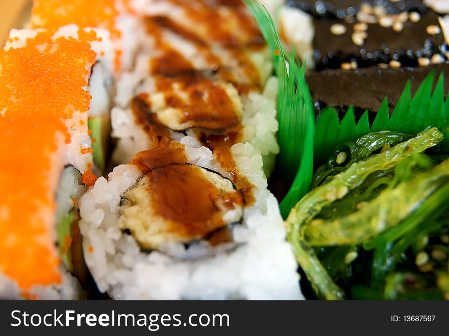 Close up of Sushi Rolls at Japanese Restaurant