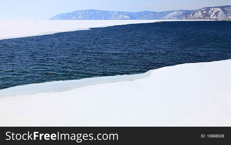 Melting Lake Baikal. Spring. Day.