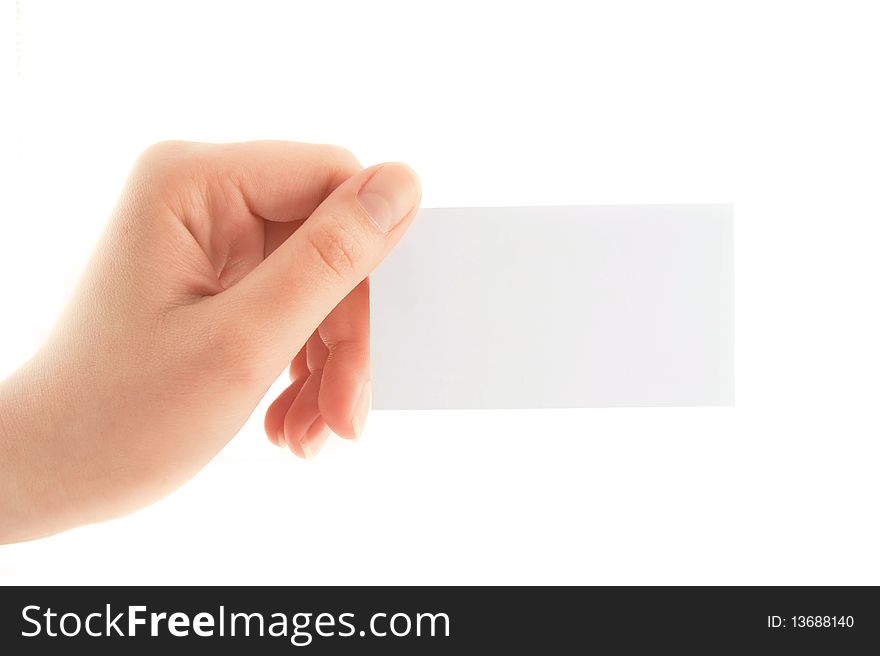 Close-up of a card in woman hand isolated on white. Close-up of a card in woman hand isolated on white