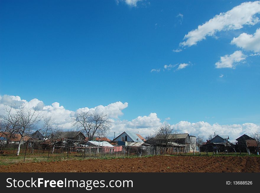 Agricultural field and houses in countryside