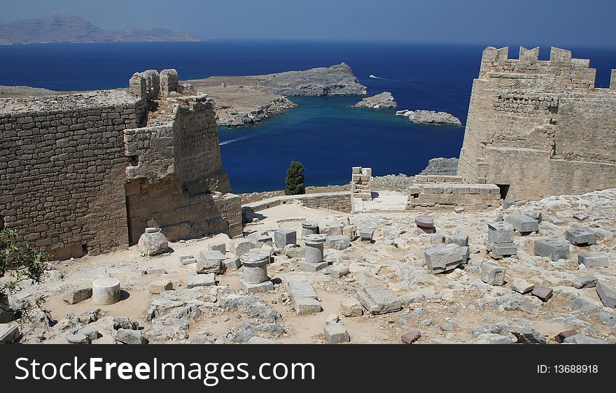 Ruins of Lindos Acropolis in Rhodes in Greece