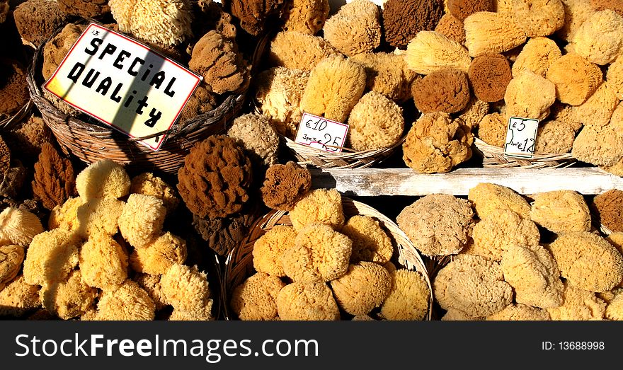 Offer of the sponges on a market in Rhodes, Greece