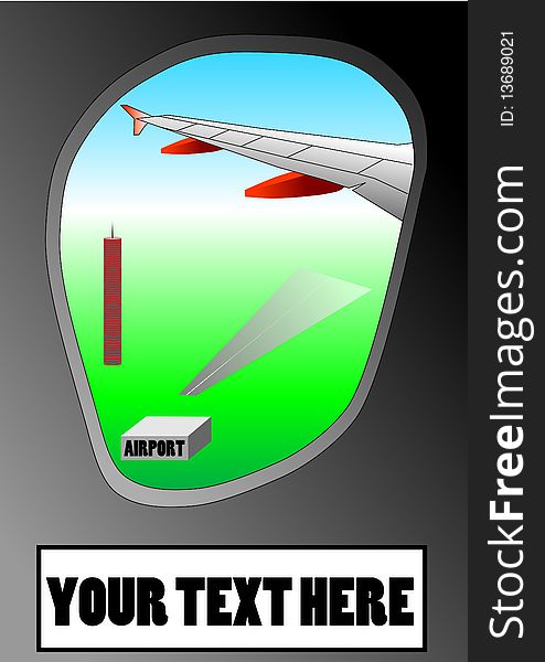 Vector illustration of airplane or airbus plane window showing the wing and the airport on the ground with space for insert text. Vector illustration of airplane or airbus plane window showing the wing and the airport on the ground with space for insert text