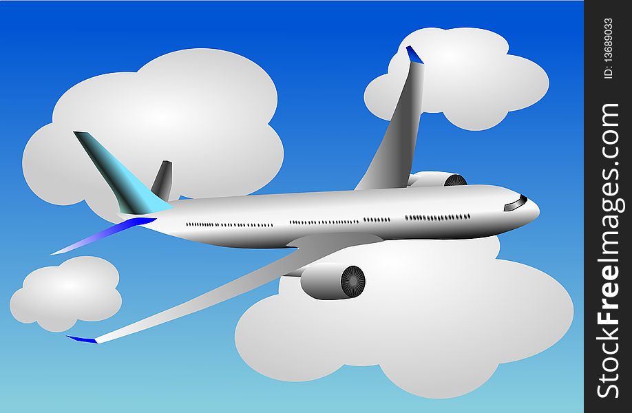 Vector illustration of airplane or airbus plane flying between the clouds in the sky