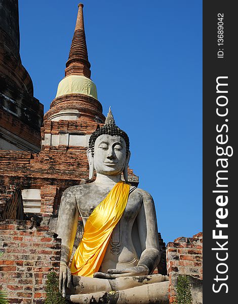 Old pagoda and big Buddha statue in Ayuthaya temple Thailand.