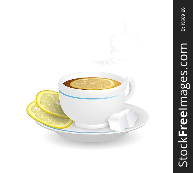 Illustration, tea with lemon on saucer with sugar