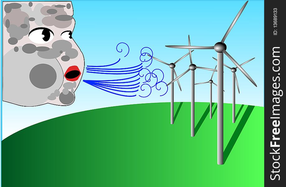 Wind turbines and Aeolus god that blows wind toward them