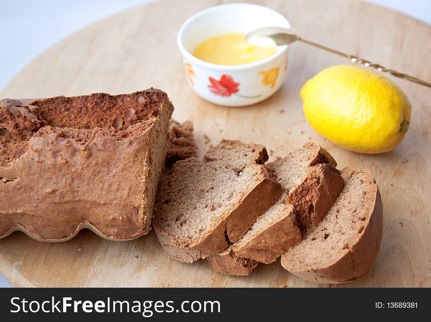 Breakfast with desert spice bread with lemon cream. Breakfast with desert spice bread with lemon cream