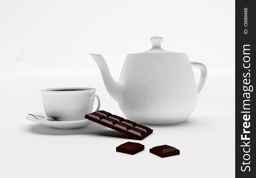 Coffee pot or teapot ,cup,spoon,plate on a white background. Coffee pot or teapot ,cup,spoon,plate on a white background