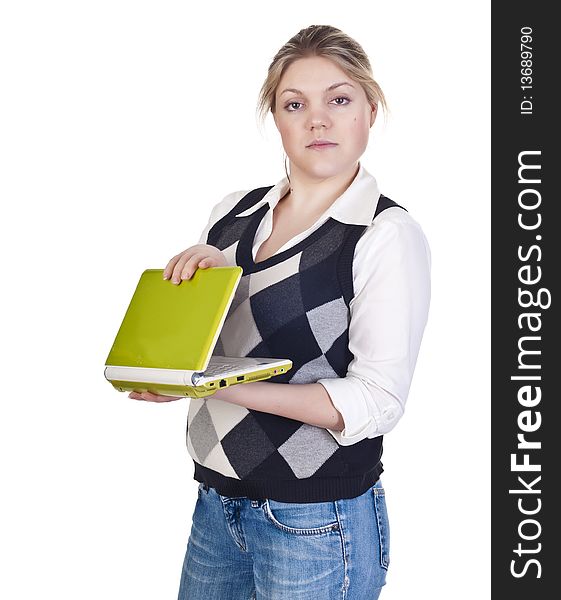 Attractive blond woman isolated on a white background with laptop. Attractive blond woman isolated on a white background with laptop