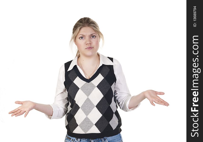 Woman getting a shock, with white background