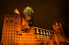 Night View On Modern Business Building In Moscow Stock Photography