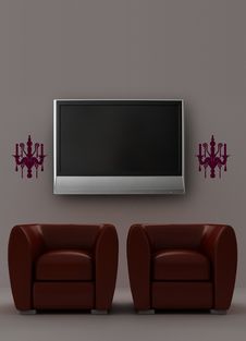 Two Red Armchairs With LCD Tv And Sconces Royalty Free Stock Image Two Red Armchairs With LCD Tv And Sconces Royalty Free Stock Image
