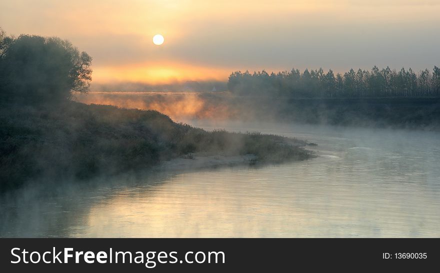 The river, foggy morning, sunrise. The river, foggy morning, sunrise