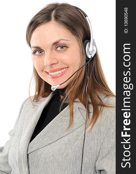 Young female customer service representative in headset, separately on white background