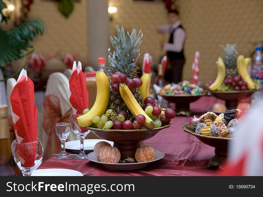 Dessert on the served table, banquet table picture