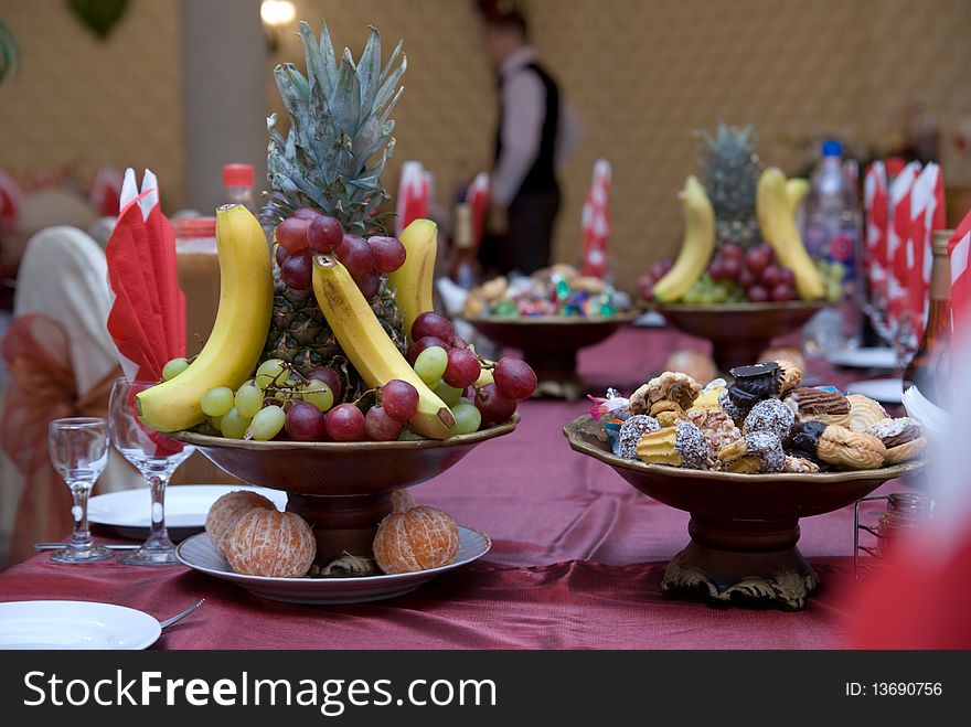 Dessert on the served table, banquet table picture