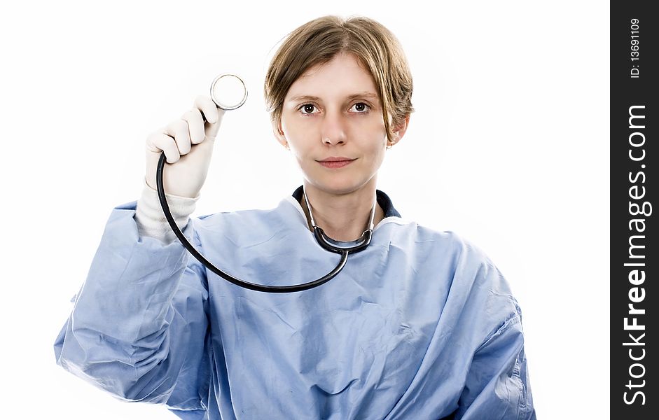 Friendly female doctor smiling isolated on white