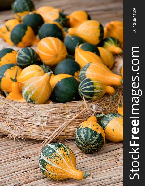 Variety of small striped pumpkins on the straw circle