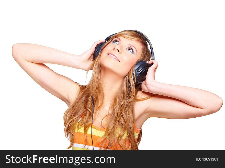 Girl with headphones isolated over white background