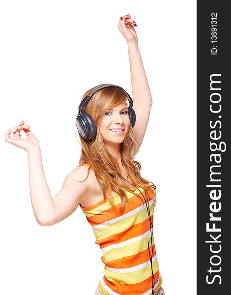 Girl with headphones dancing isolated over white background