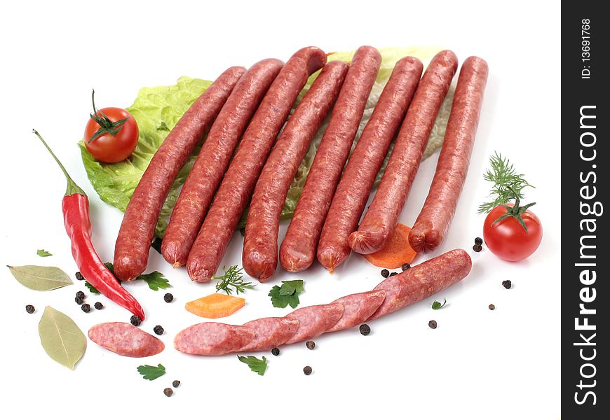 Appetizing sausages on a white background